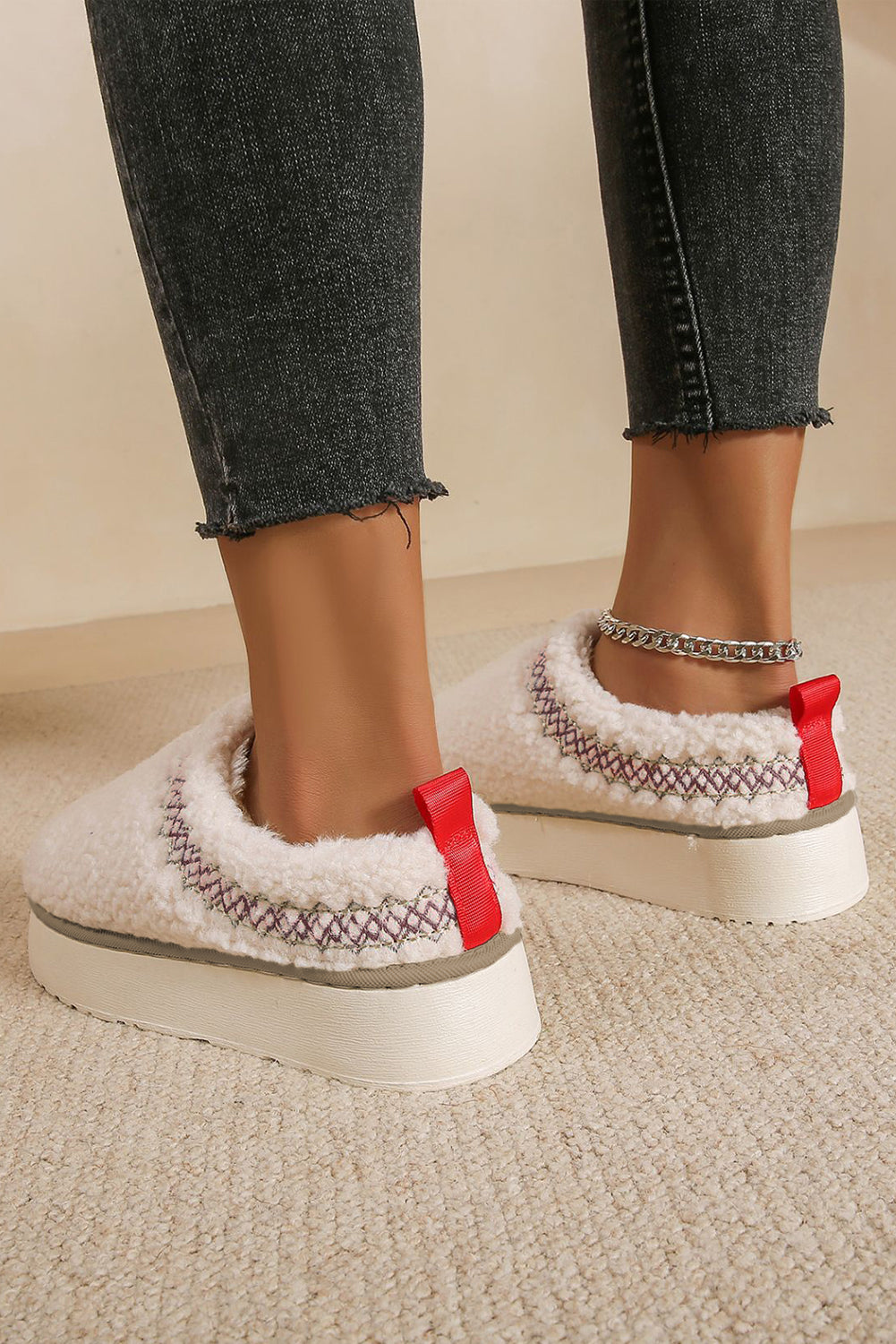 Oatmeal Soft Plush Embroidered Detail Flat Platform Slippers