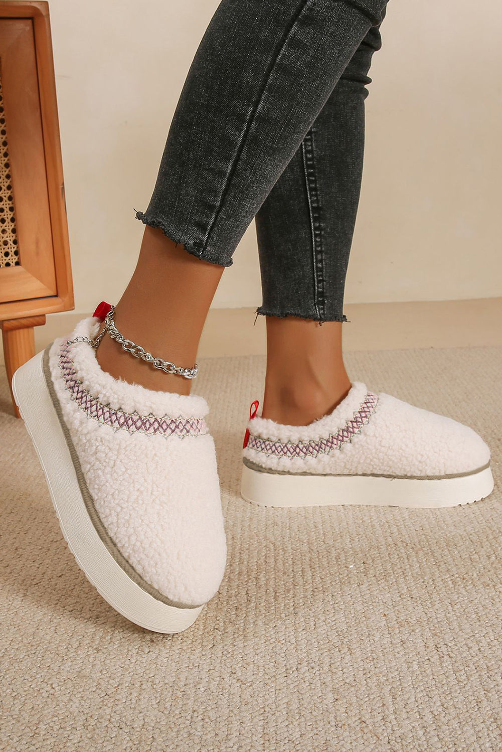 Oatmeal Soft Plush Embroidered Detail Flat Platform Slippers