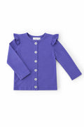 Purple long-sleeve shirt with ruffled shoulders on a white background