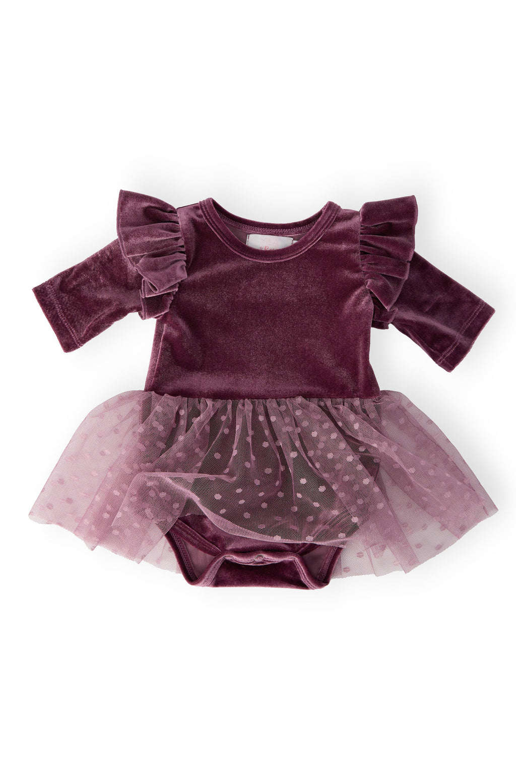 Purple velvet romper with ruffled sleeves and tulle skirt on a white background