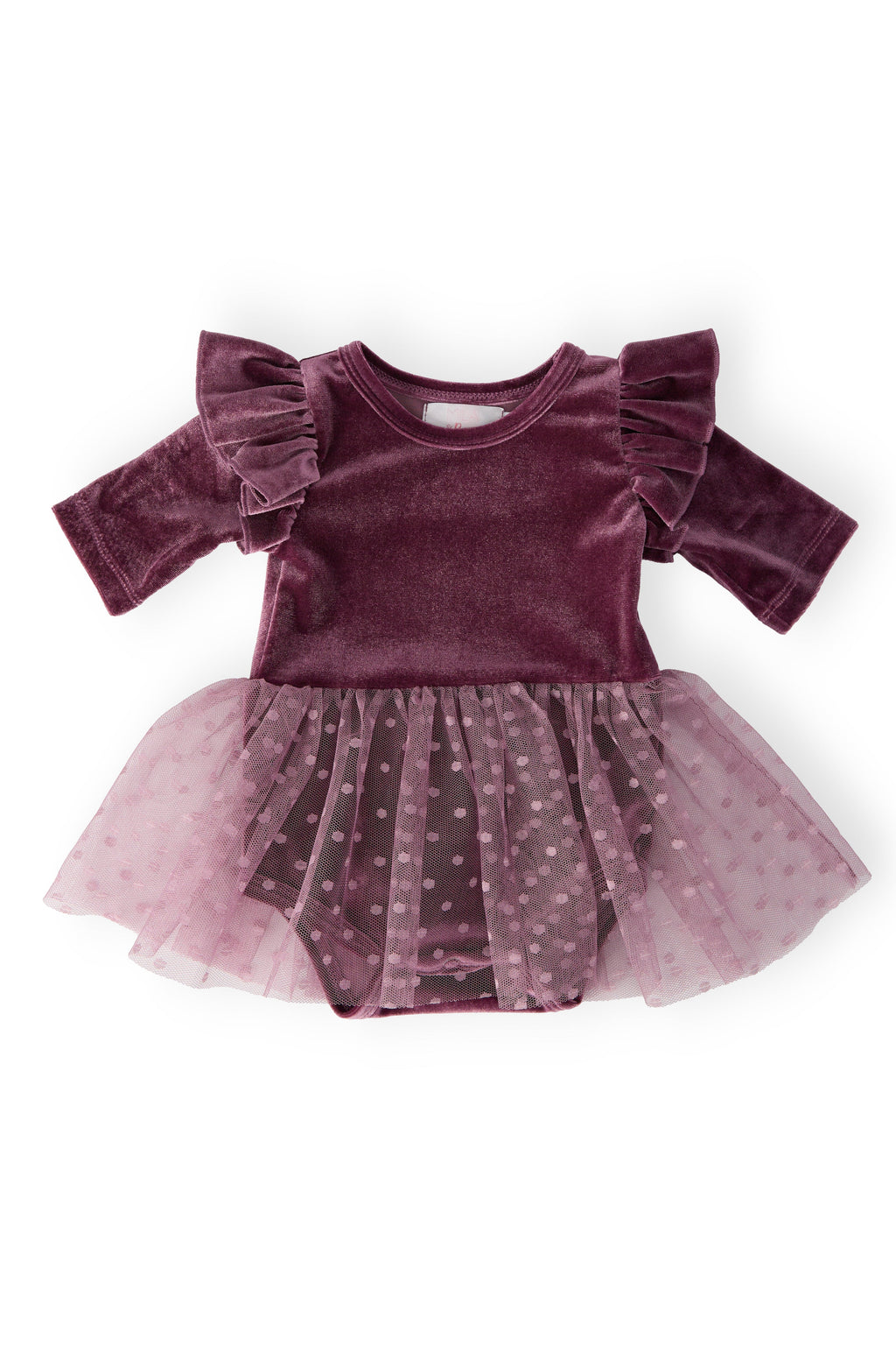 Purple velvet dress with ruffled sleeves and a tulle skirt on a white background