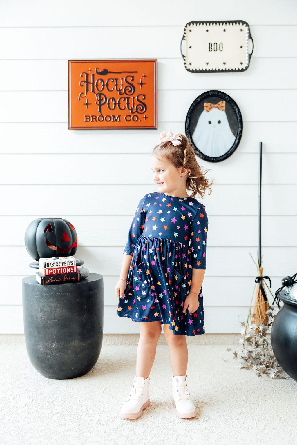 Halloween Stars 3/4 Sleeve Pocket Twirl Dress