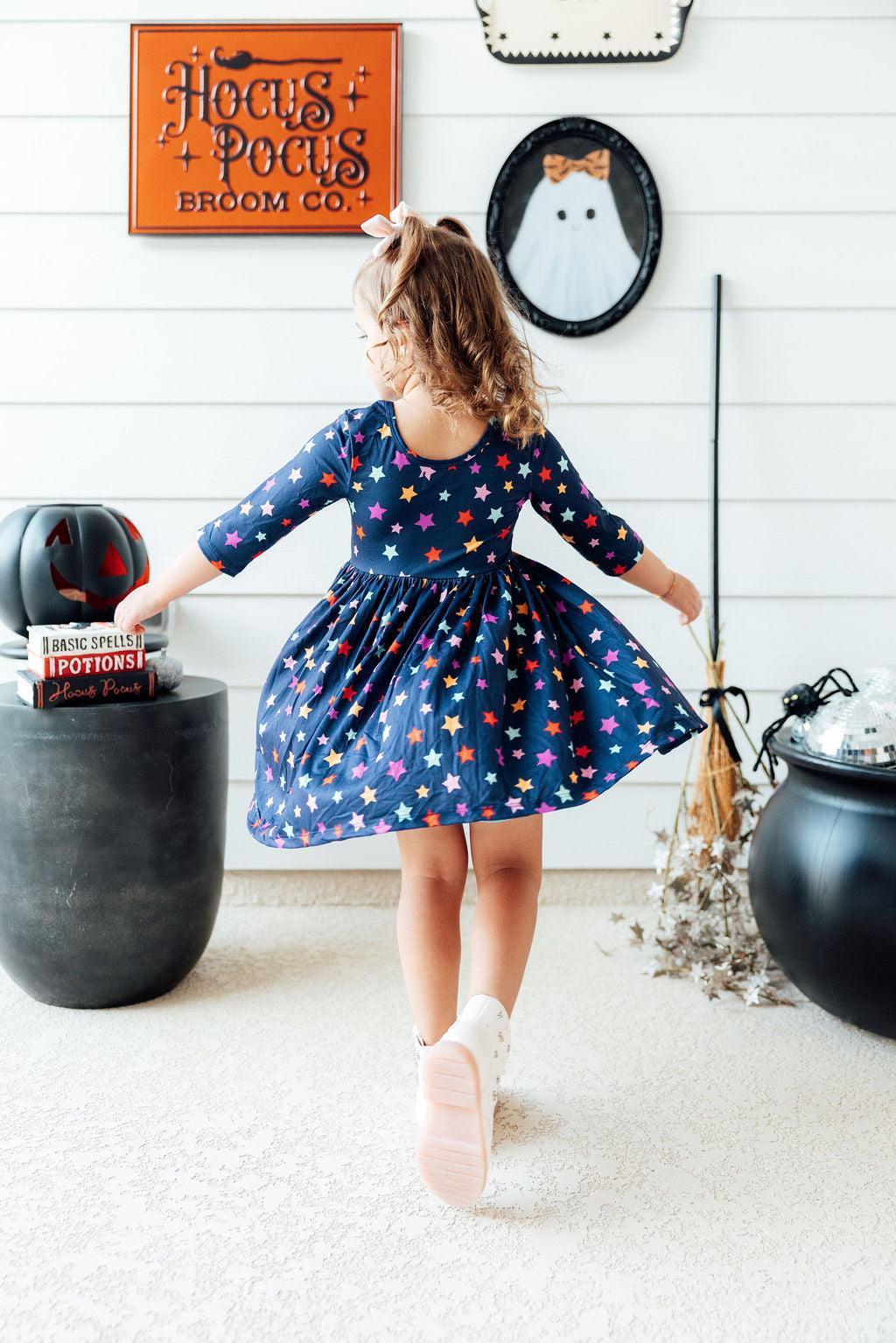 Halloween Stars 3/4 Sleeve Pocket Twirl Dress