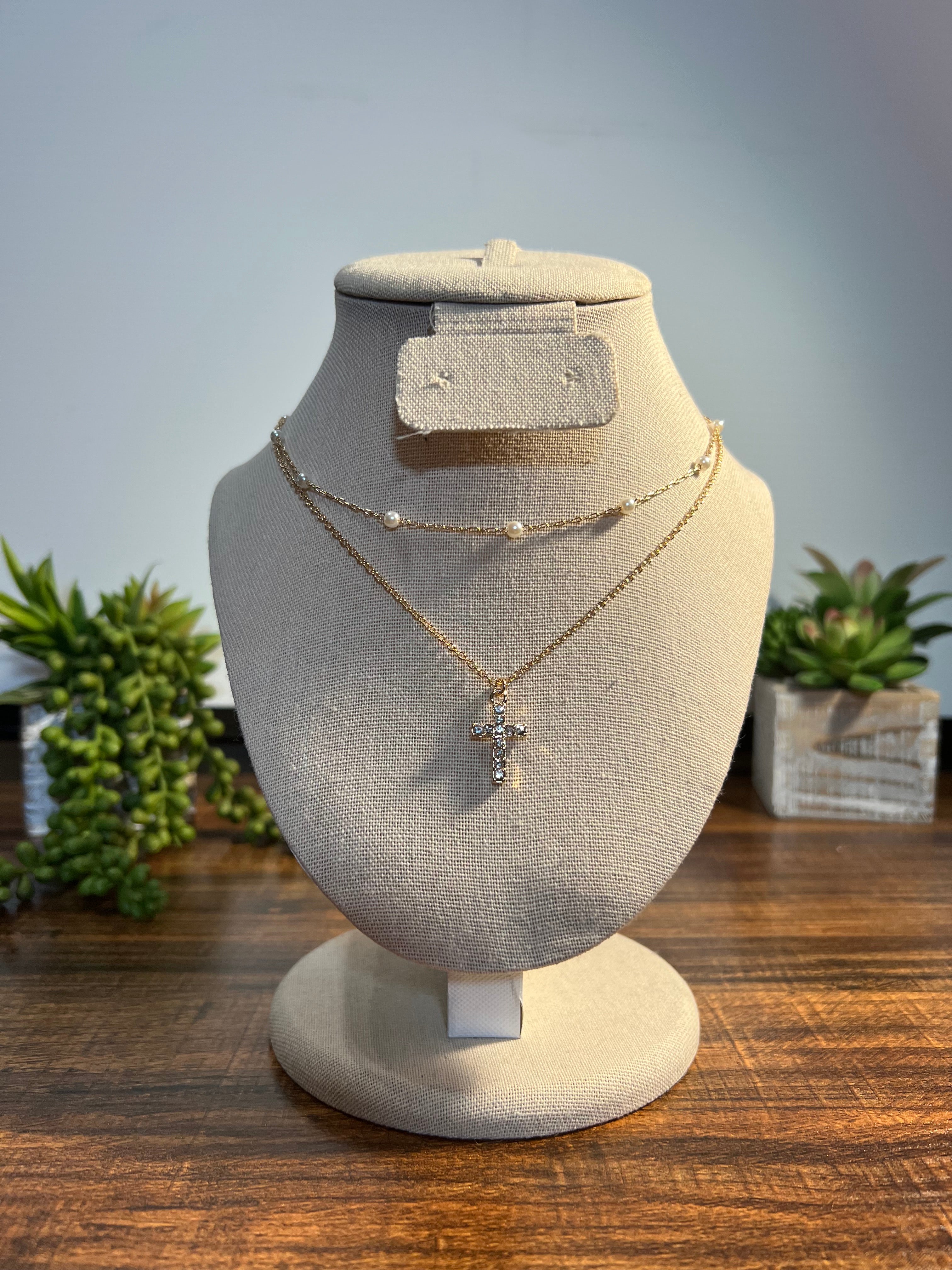 PEARL & RHINESTONE CROSS PENDANT