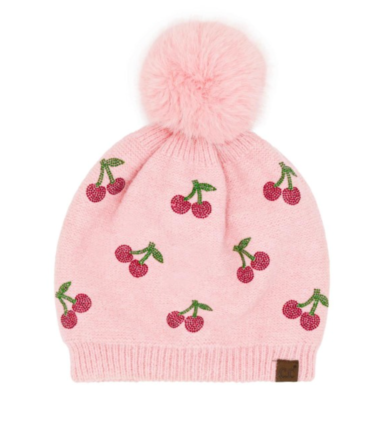 Cherry Rhinestone Pom Beanie