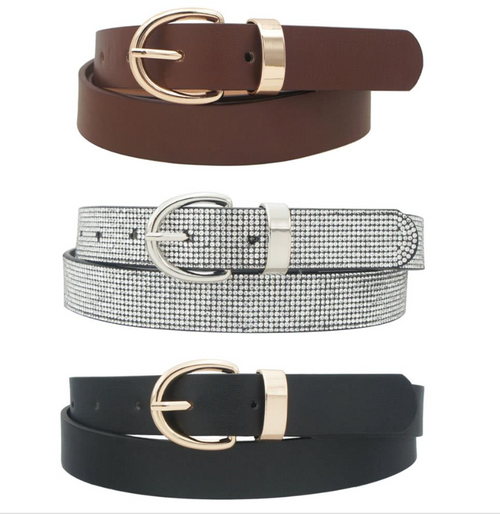 Three belts with different designs and colors on a white background