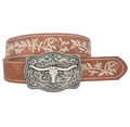 Belt with decorative buckle and floral embroidery on a white background