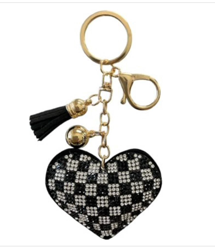 Rhinestone Checker Heart Keychain