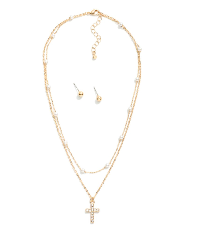 PEARL & RHINESTONE CROSS PENDANT