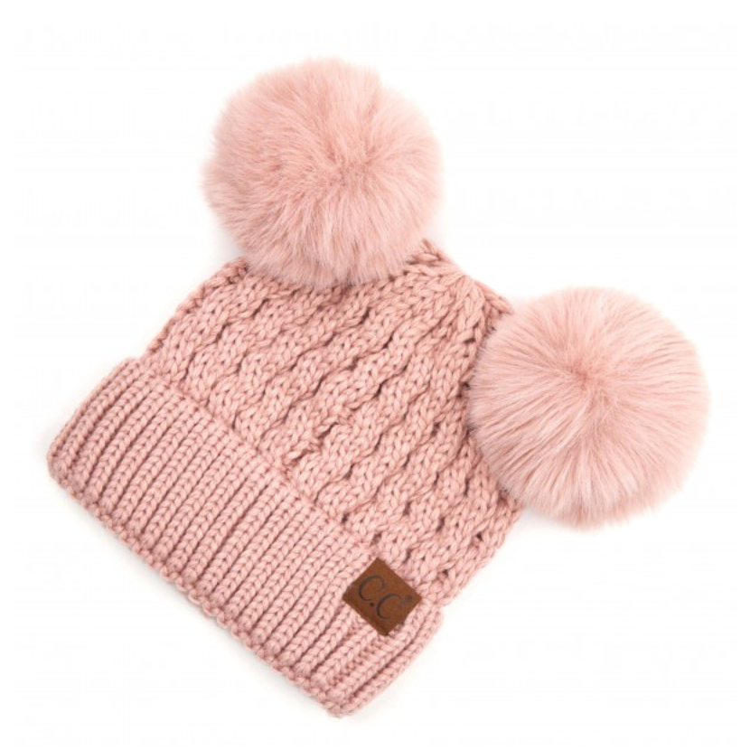 Cable Knit Double Pom Beanie