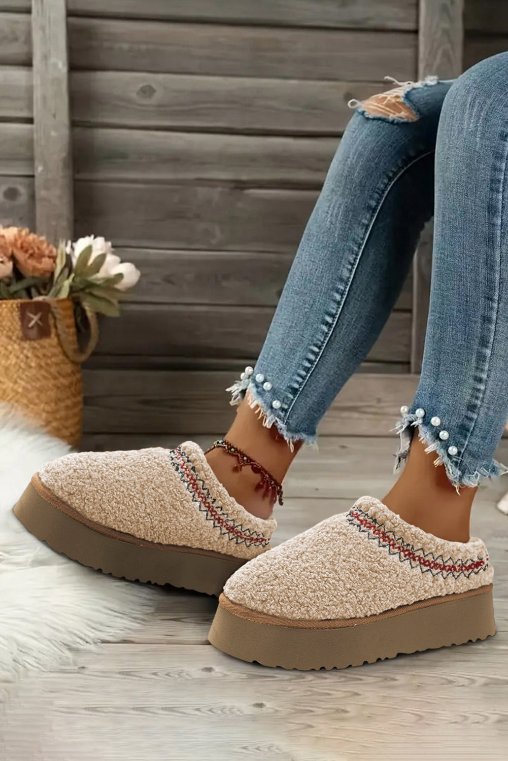 Oatmeal Soft Plush Embroidered Detail Flat Platform Slippers