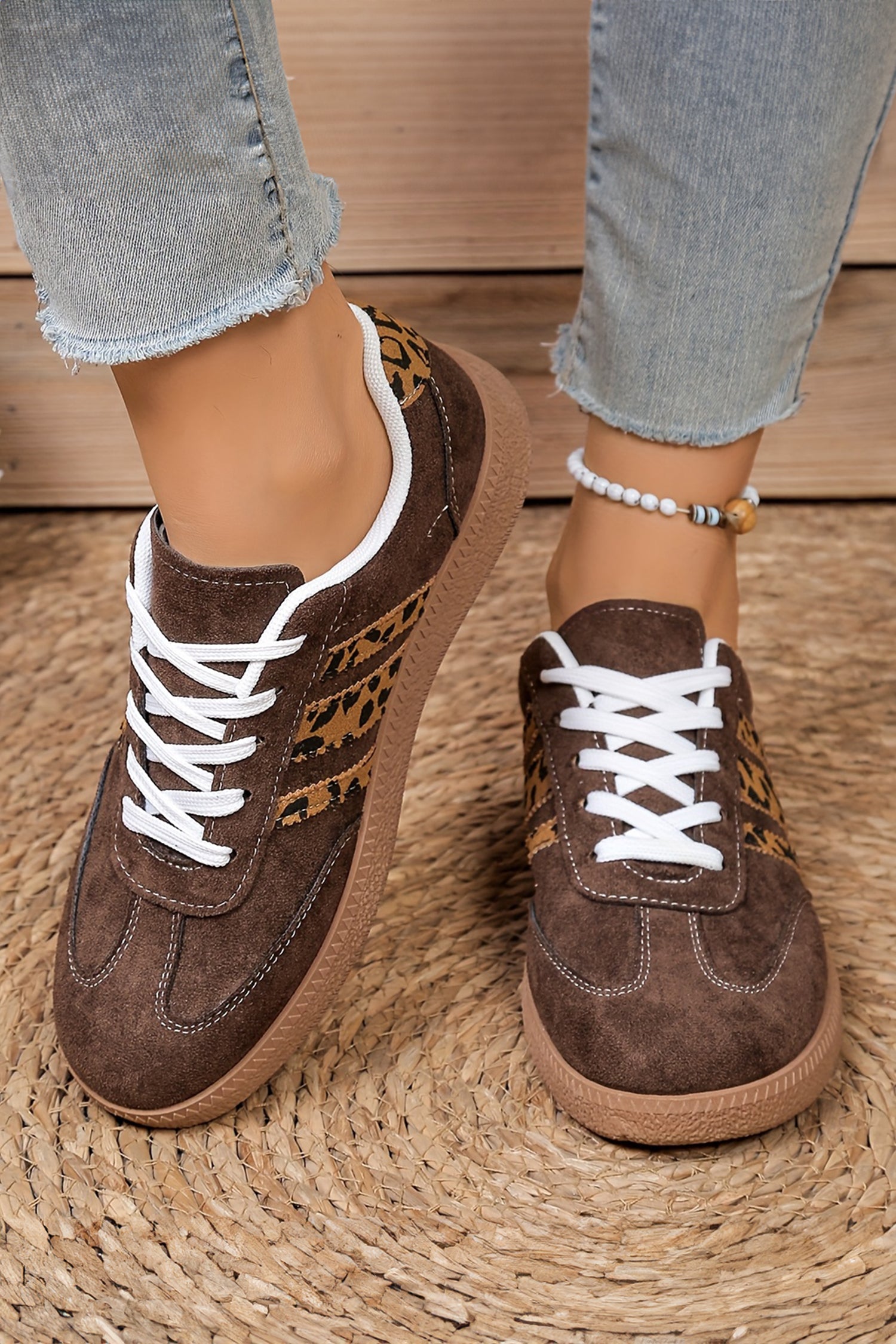 Coffee Contrast Lace-up Leopard Patchwork Detail Faux Suede Shoes