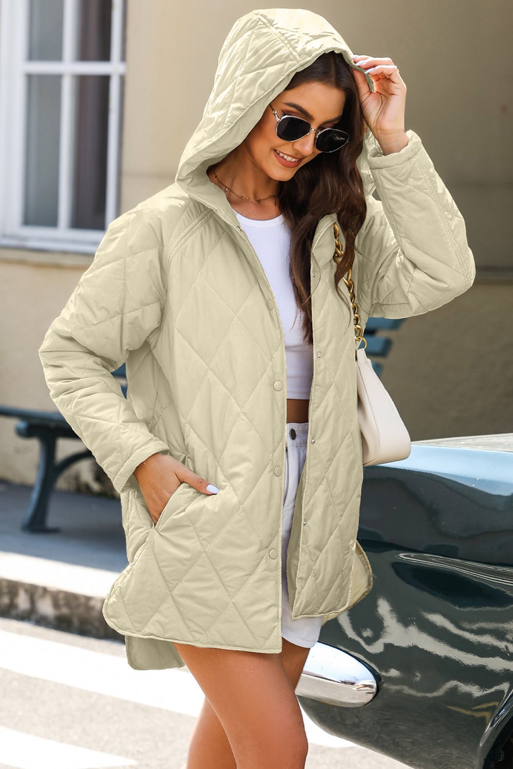 Beige Quilted Snap Button Hooded Coat - Cami's Little Shop