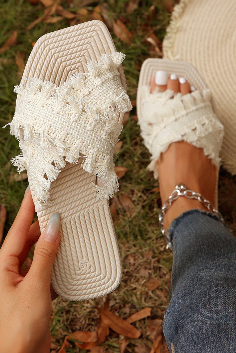 Beige Tassel Woven Crossed Straps Flat Slippers - Cami's Little Shop