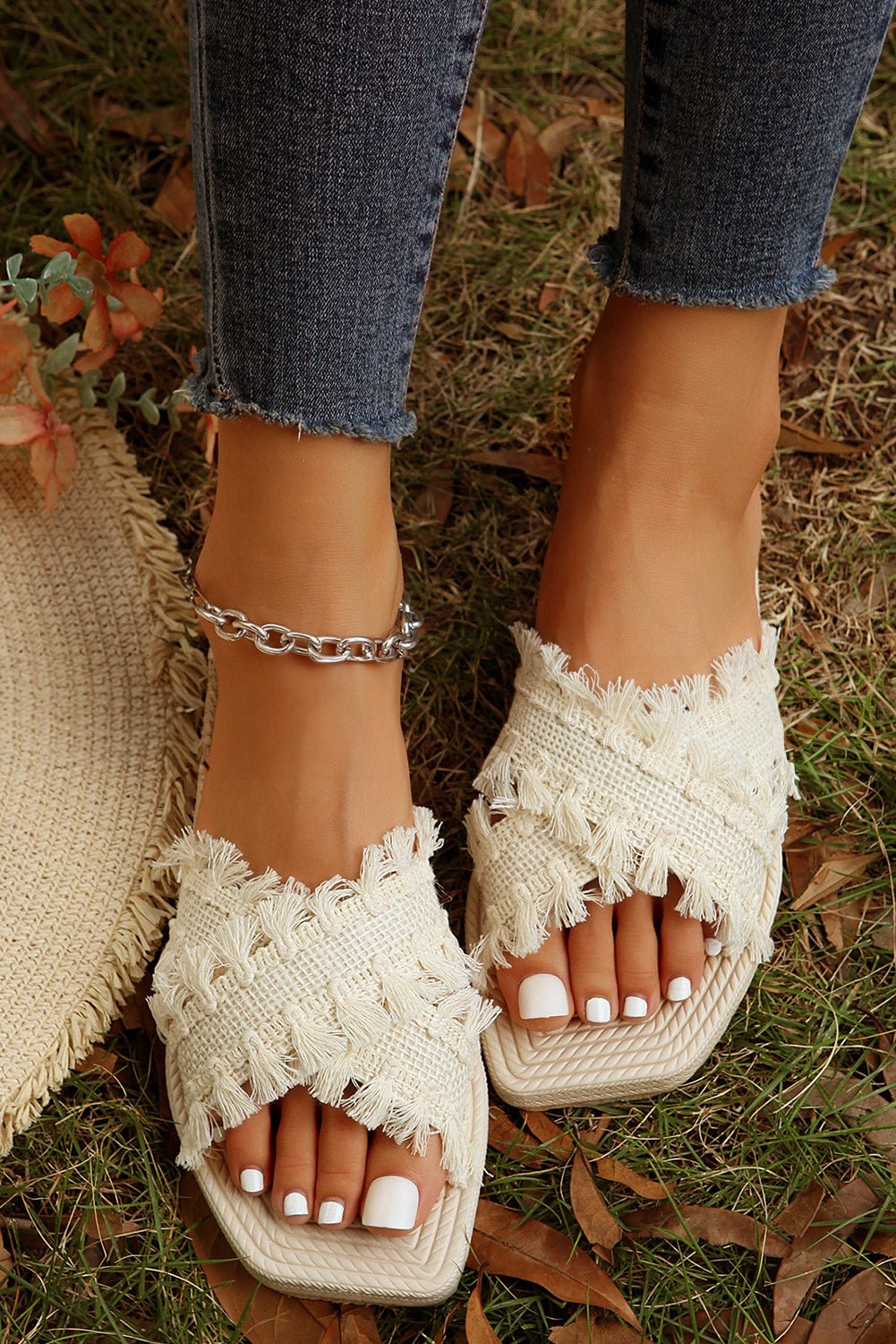 Beige Tassel Woven Crossed Straps Flat Slippers - Cami's Little Shop