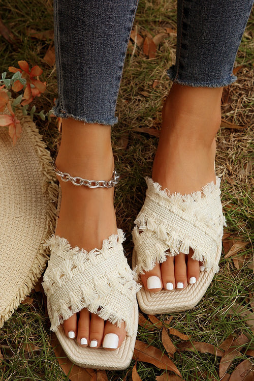 Beige Tassel Woven Crossed Straps Flat Slippers - Cami's Little Shop