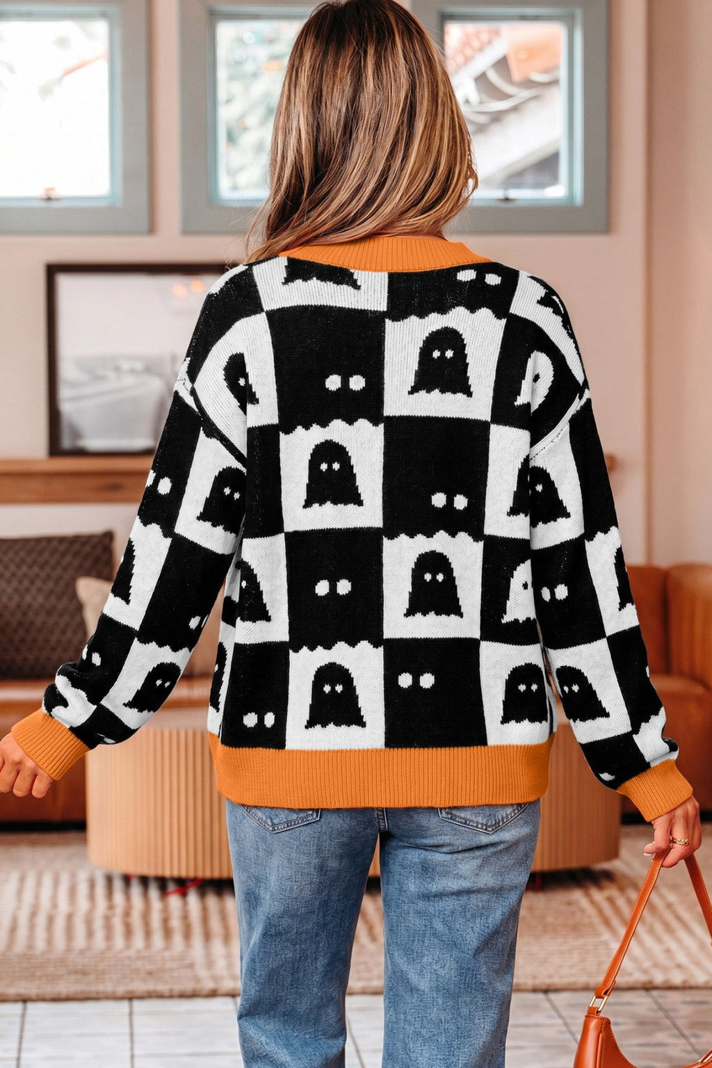 Black Geometric Ghost Print Drop Shoulder Knit Cardigan - Cami's Little Shop