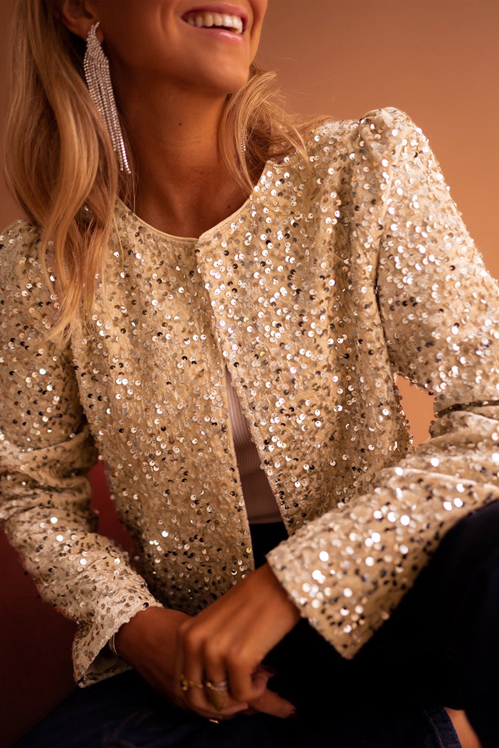 Black Sequined Open Front Cropped Jacket - Cami's Little Shop