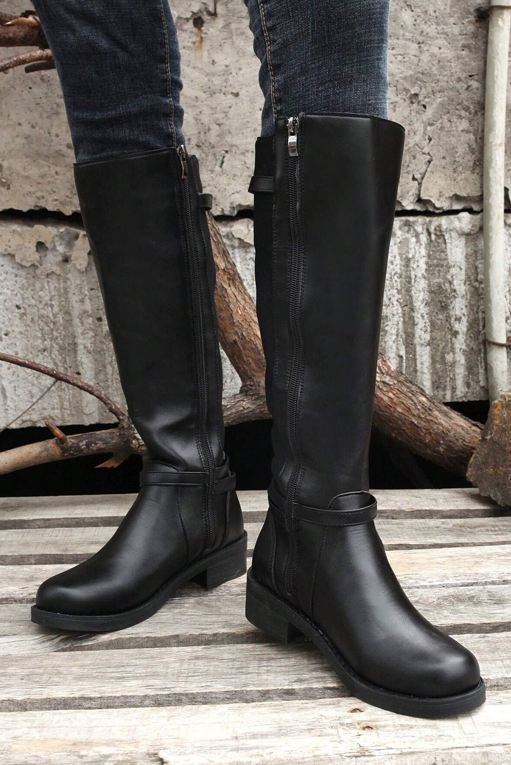 Black Side Zipper Knee High Chunky Low Heel Boots - Cami's Little Shop