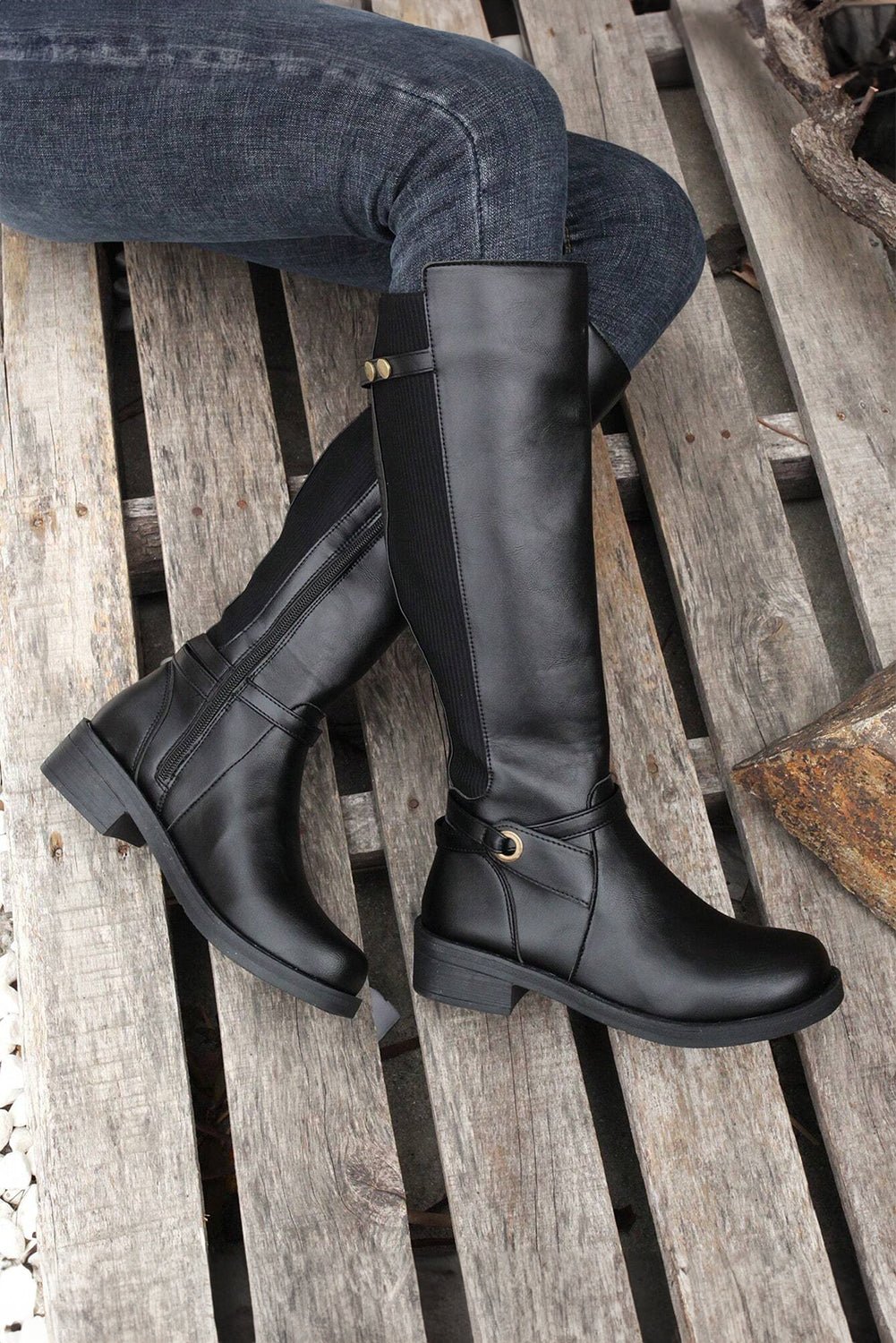 Black Side Zipper Knee High Chunky Low Heel Boots - Cami's Little Shop