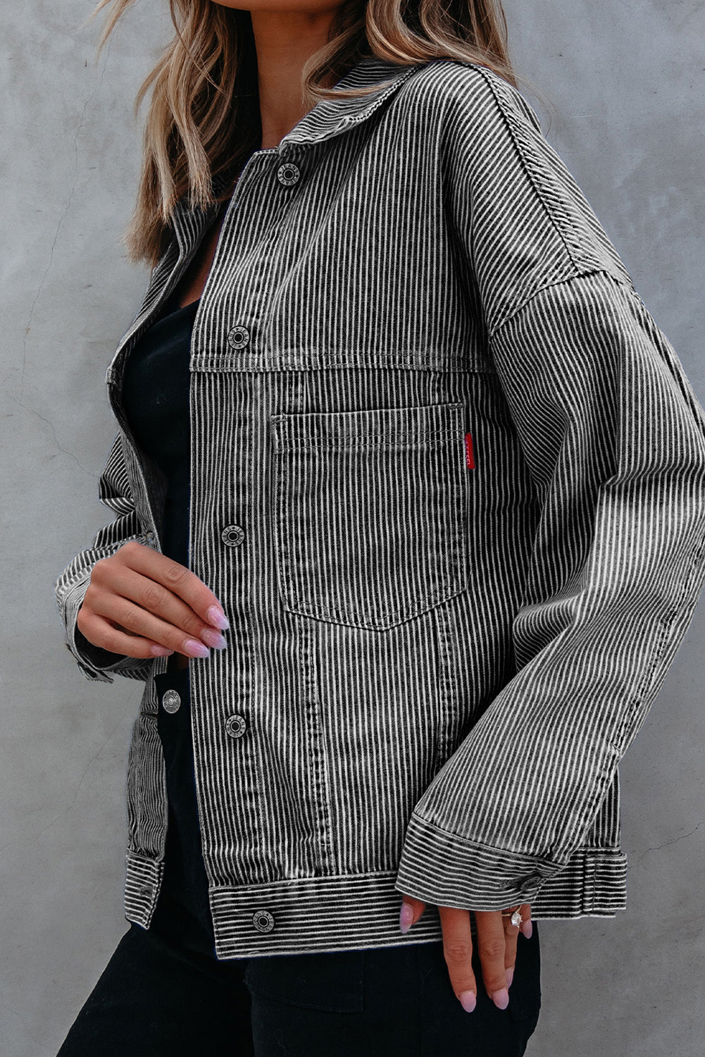 Blue Stripe Washed Oversize Pocketed Denim Jacket - Cami's Little Shop
