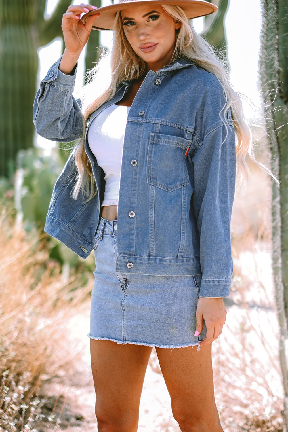 Blue Stripe Washed Oversize Pocketed Denim Jacket - Cami's Little Shop
