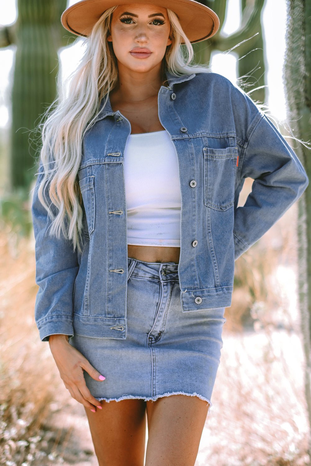 Blue Stripe Washed Oversize Pocketed Denim Jacket - Cami's Little Shop