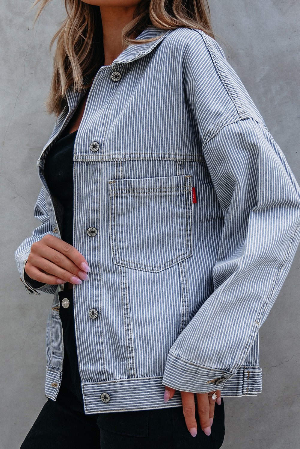 Blue Stripe Washed Oversize Pocketed Denim Jacket - Cami's Little Shop