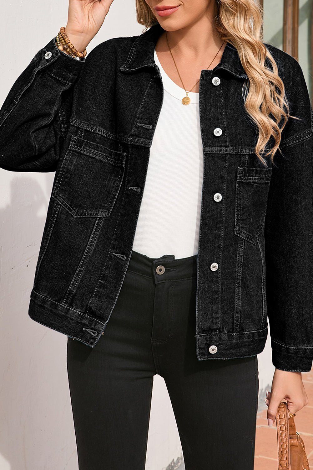 Blue Stripe Washed Oversize Pocketed Denim Jacket - Cami's Little Shop