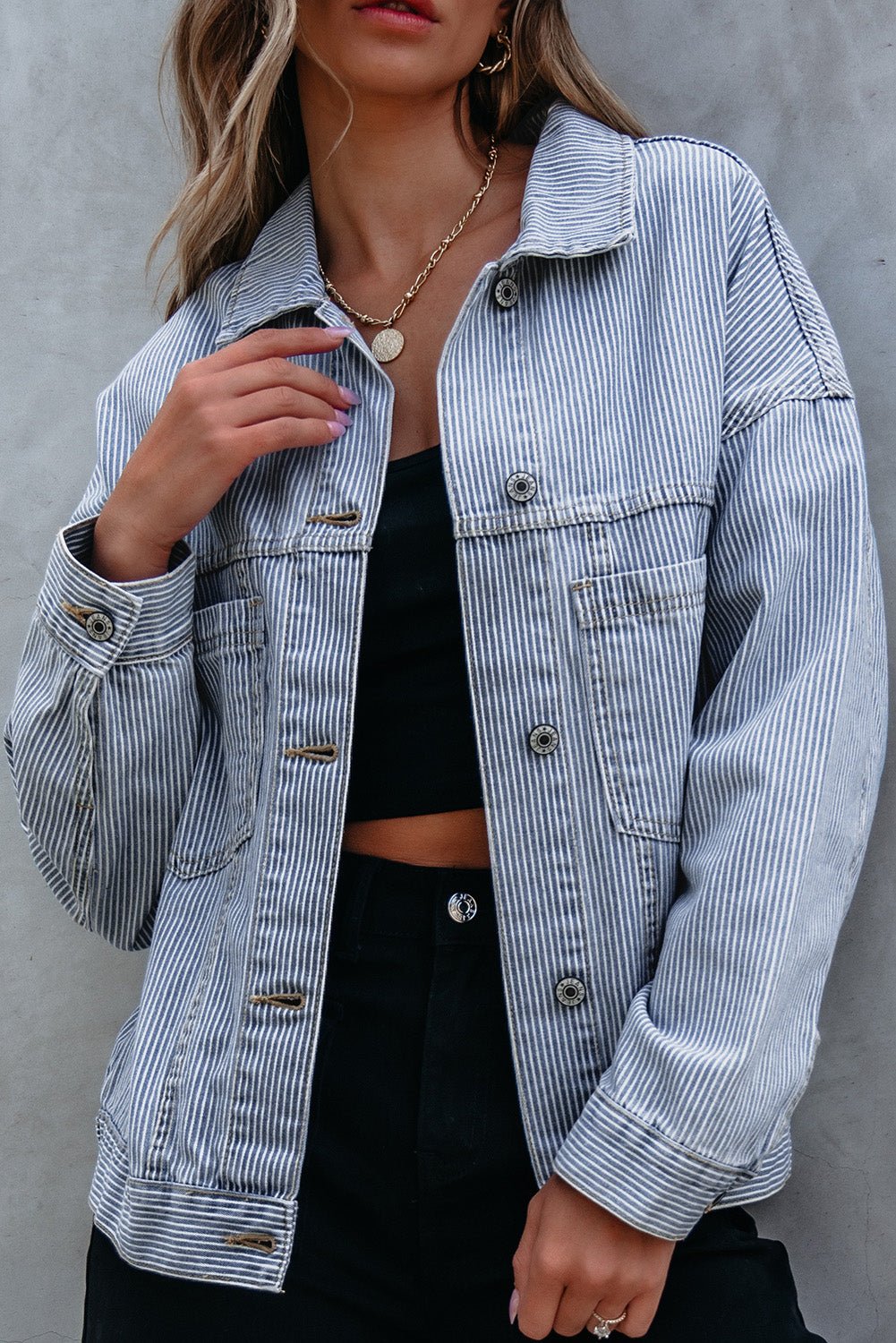 Blue Stripe Washed Oversize Pocketed Denim Jacket - Cami's Little Shop