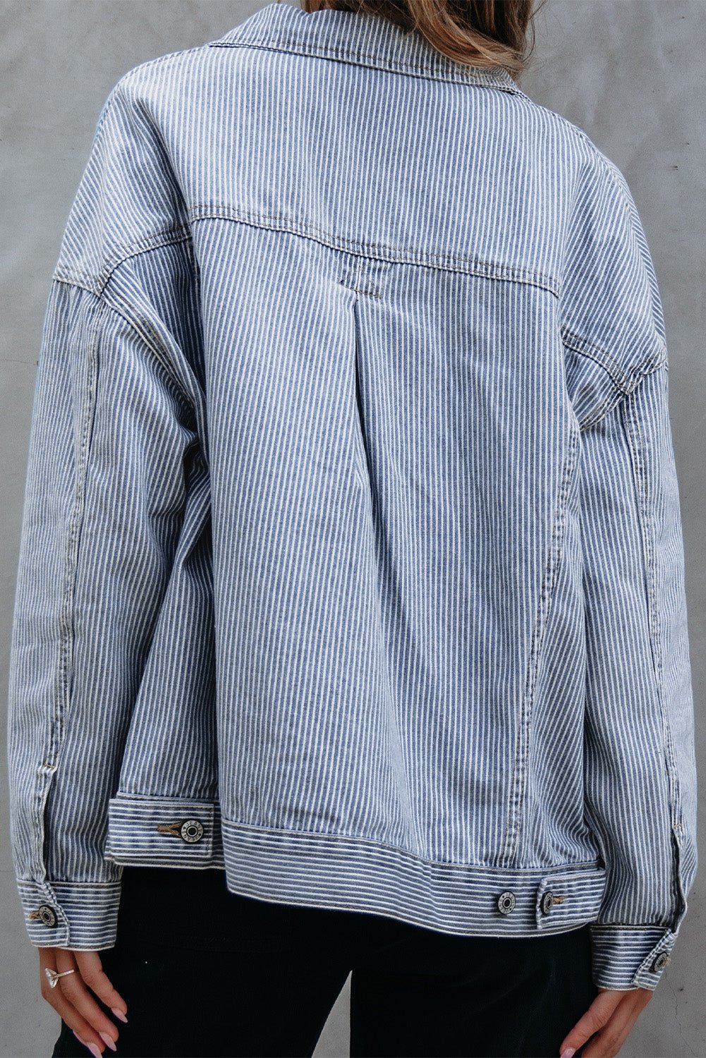 Blue Stripe Washed Oversize Pocketed Denim Jacket - Cami's Little Shop