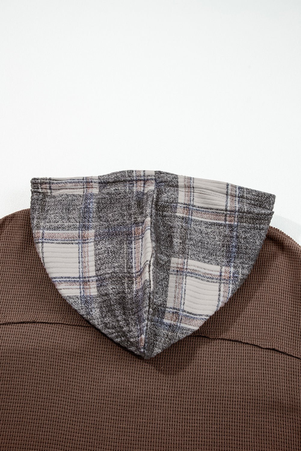 Brown Plaid Patchwork Button Down Drawstring Hooded Shacket - Cami's Little Shop