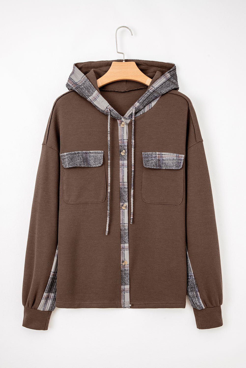 Brown Plaid Patchwork Button Down Drawstring Hooded Shacket - Cami's Little Shop