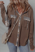 Brown Plaid Patchwork Button Down Drawstring Hooded Shacket - Cami's Little Shop