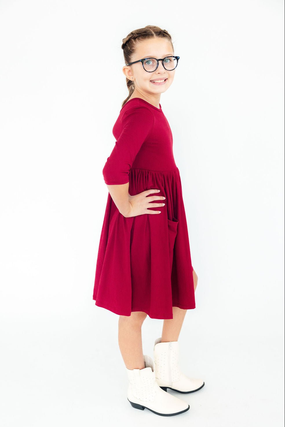 Burgundy 3/4 Sleeve Pocket Twirl Dress - Cami's Little Shop