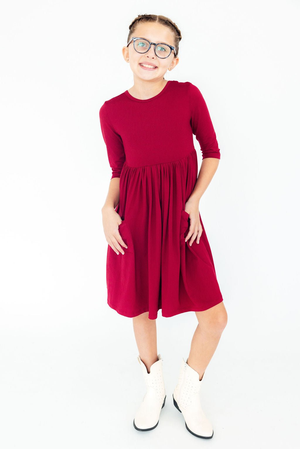 Burgundy 3/4 Sleeve Pocket Twirl Dress - Cami's Little Shop