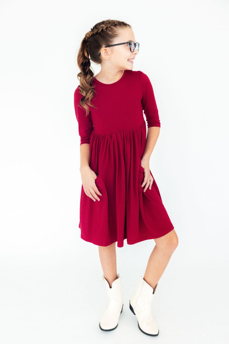 Burgundy 3/4 Sleeve Pocket Twirl Dress - Cami's Little Shop