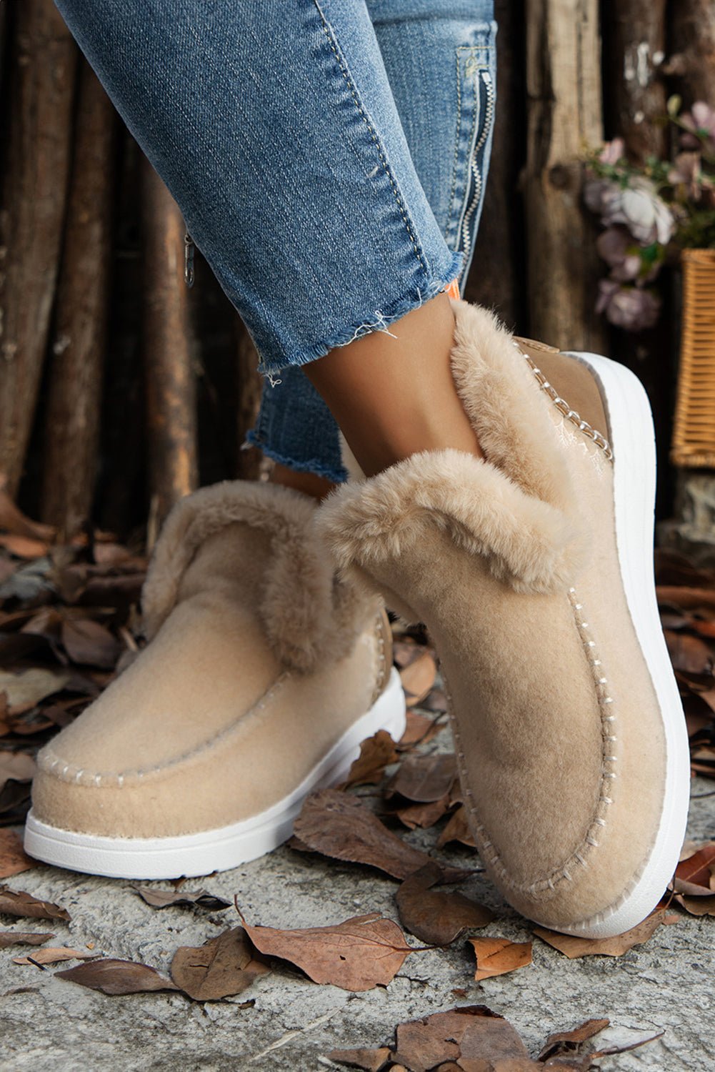 Carbon Grey Suede Stitching Patchwork Plush Lined Anklet Boots - Cami's Little Shop