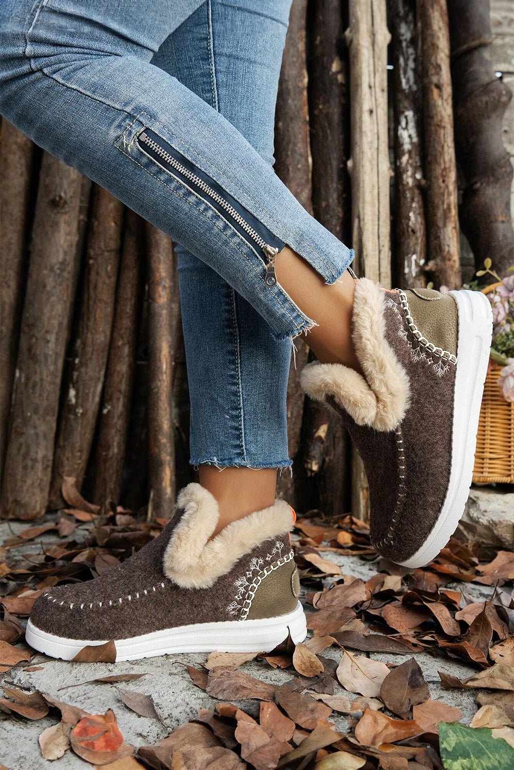 Carbon Grey Suede Stitching Patchwork Plush Lined Anklet Boots - Cami's Little Shop
