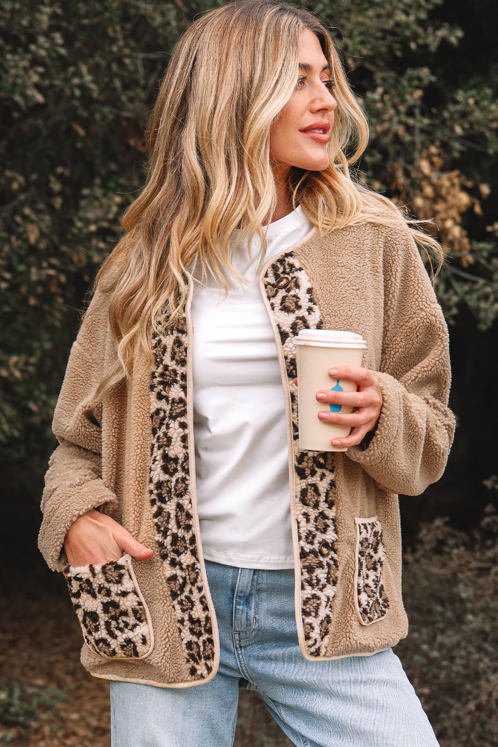 Casual Leopard Print Accent Plush Jacket with Pockets - Cami's Little Shop