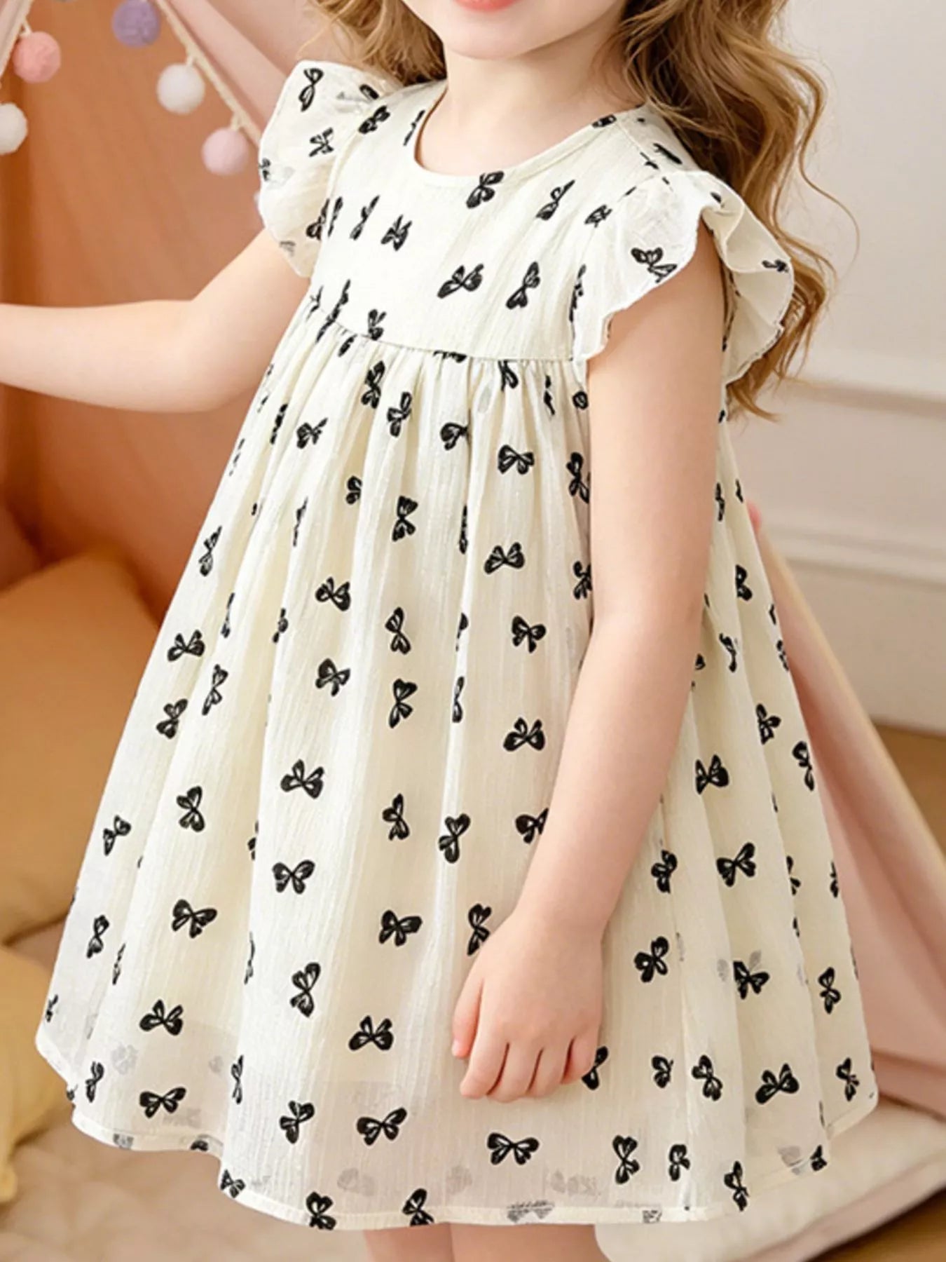 Children's Bow Print Flutter Sleeve Dress - Cami's Little Shop