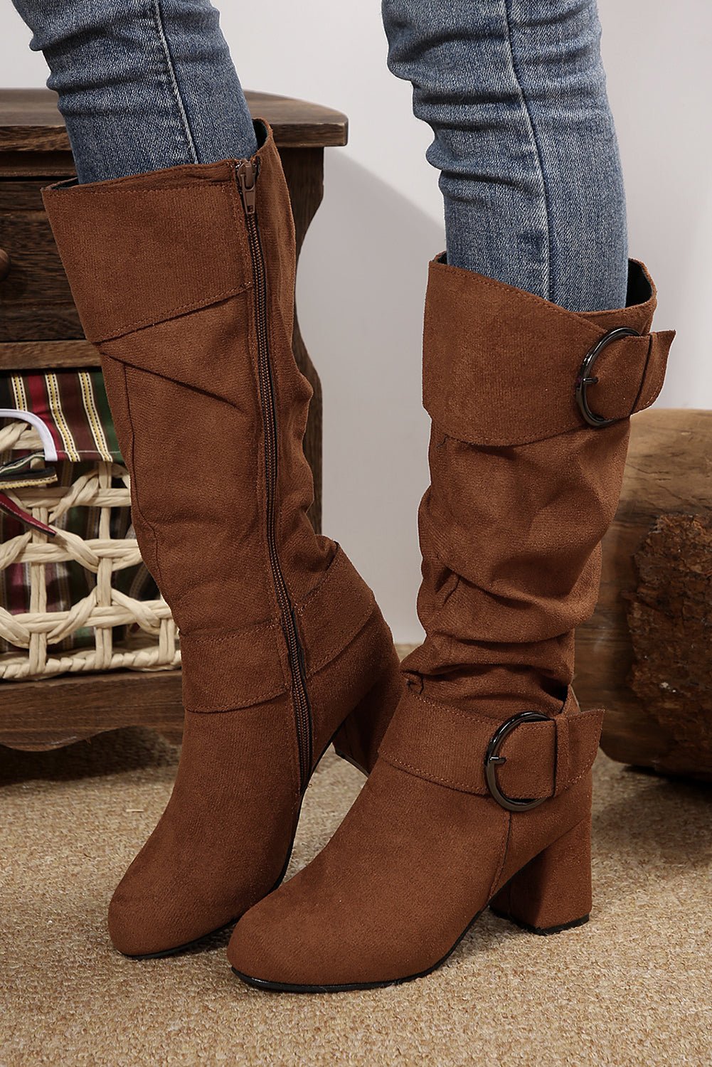 Coffee Suede Double Buckled Side Zipped Mid-calf Boots - Cami's Little Shop