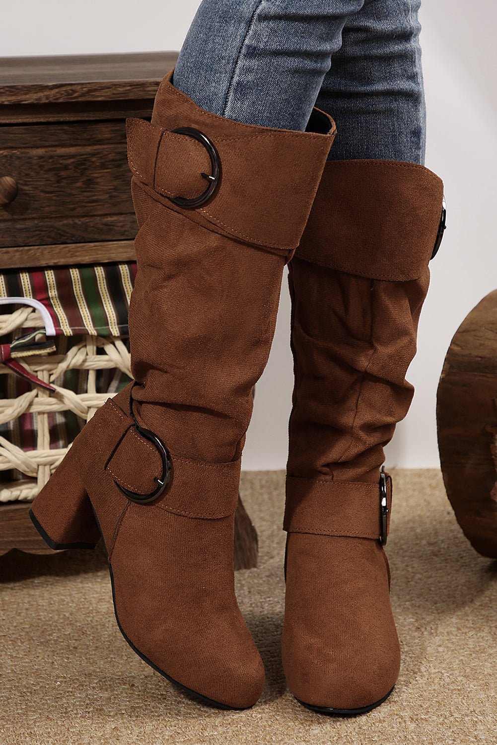 Coffee Suede Double Buckled Side Zipped Mid-calf Boots - Cami's Little Shop