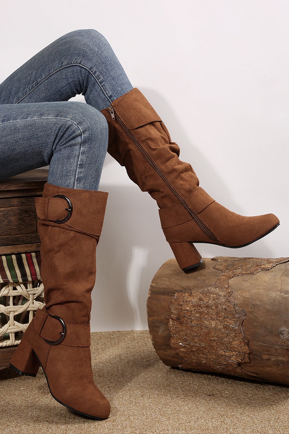 Coffee Suede Double Buckled Side Zipped Mid-calf Boots - Cami's Little Shop