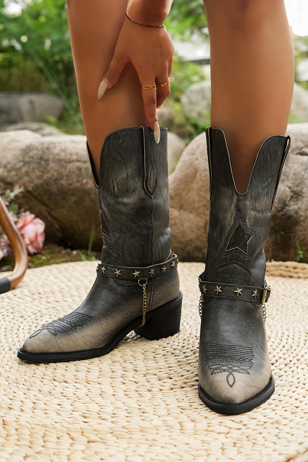 Dark Brown Western Distressed Pointed Toe Chunky Heel Boots - Cami's Little Shop