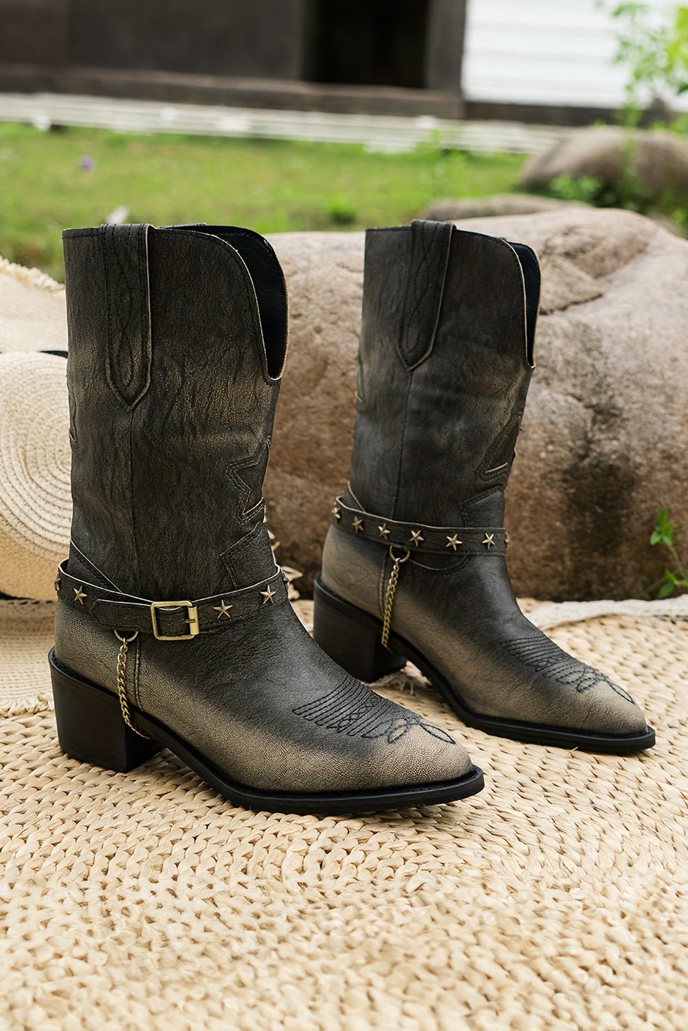 Dark Brown Western Distressed Pointed Toe Chunky Heel Boots - Cami's Little Shop
