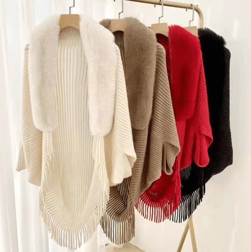 Fur Trim Fringe Poncho - Cami's Little Shop