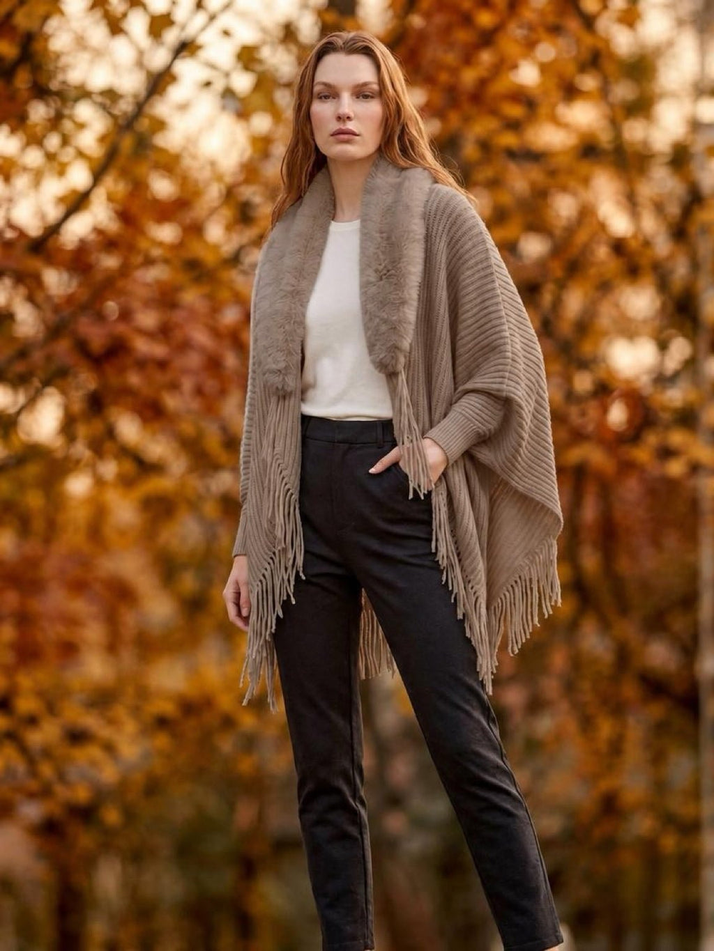 Fur Trim Fringe Poncho - Cami's Little Shop