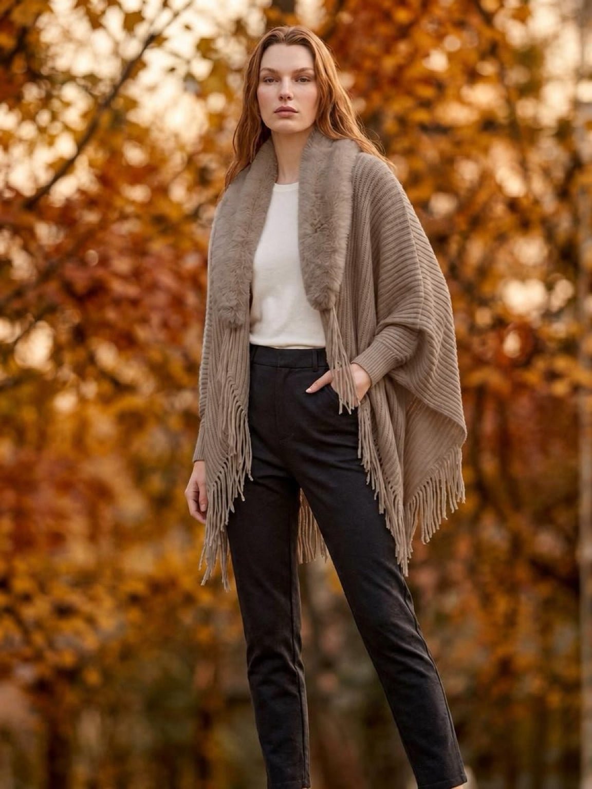 Fur Trim Fringe Poncho - Cami's Little Shop
