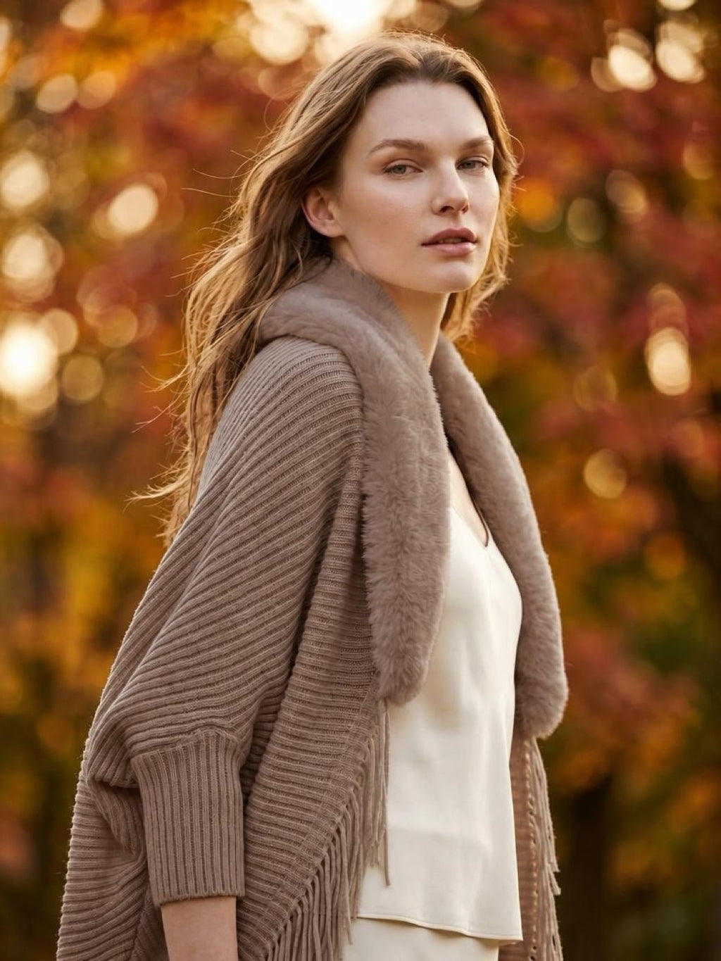 Fur Trim Fringe Poncho - Cami's Little Shop